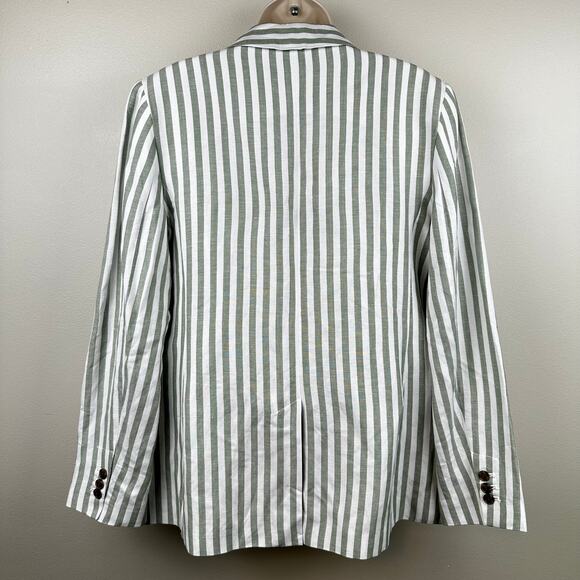 LOFT Striped Modern Blazer Jacket Linen Green White 10 Coastal Preppy Office - Picture 3 of 14